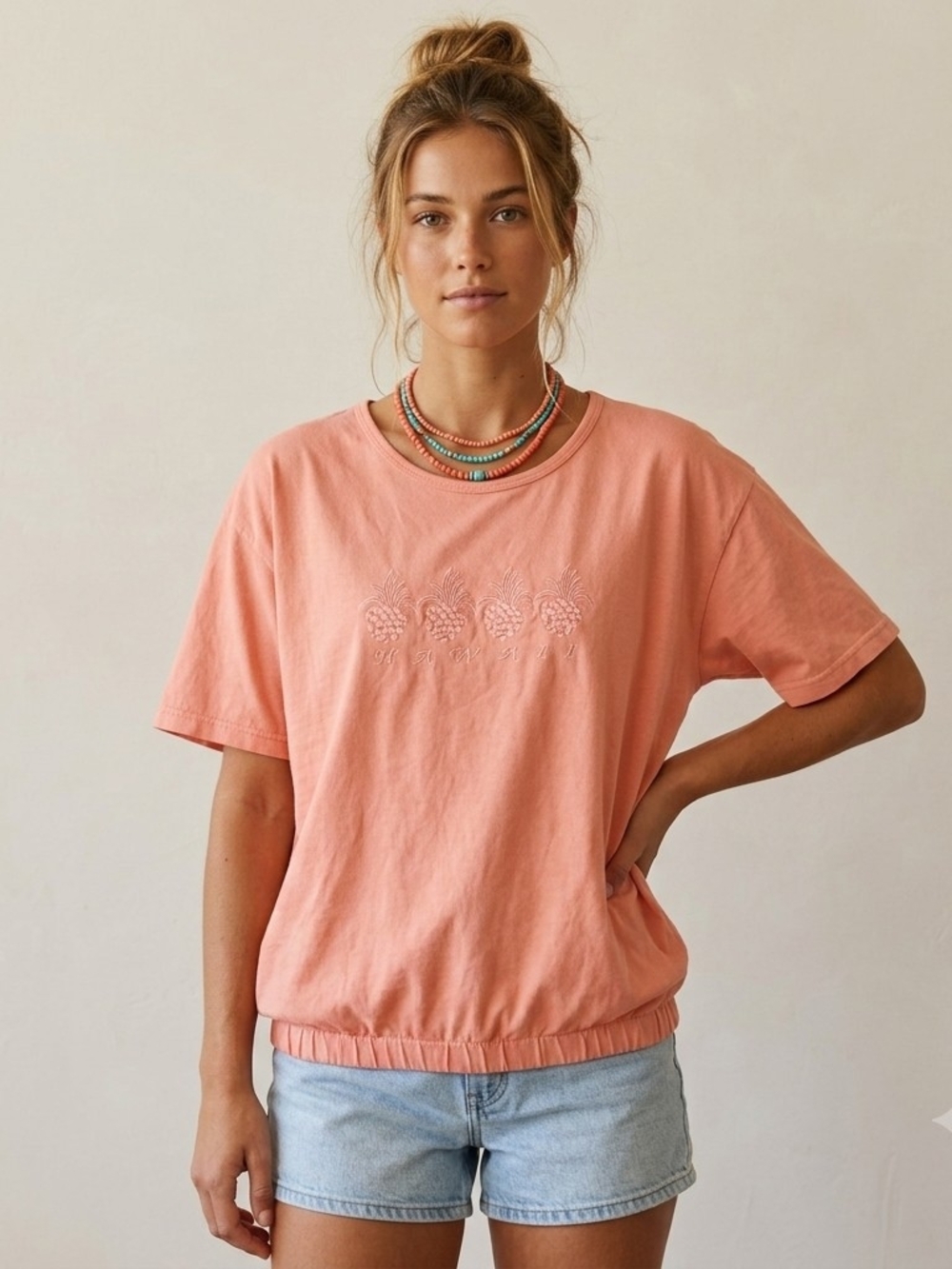 Vintage Hawaii Peach Pink Coral Pineapple Embroidered Bubble Hem Tee Size XL